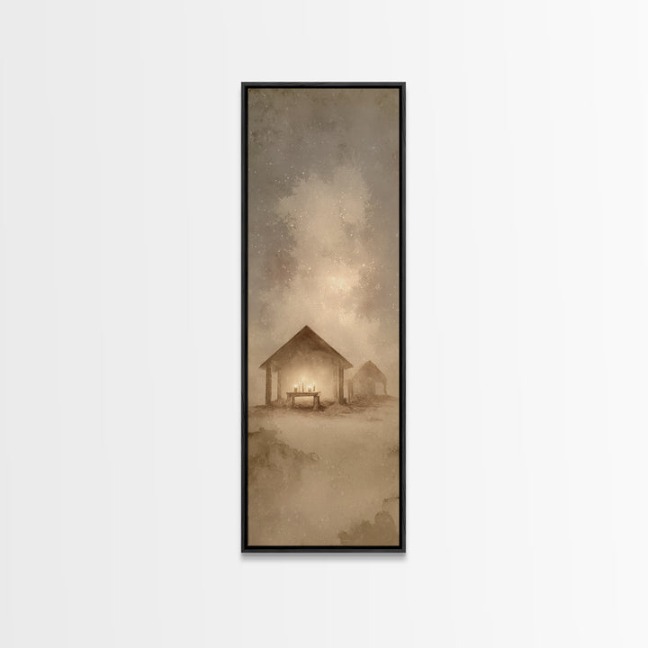 Sacred Stable Glow – Framed Canvas Print – Christian Art Canvas – Framed Christmas Art – Christian Art – Skinny Art