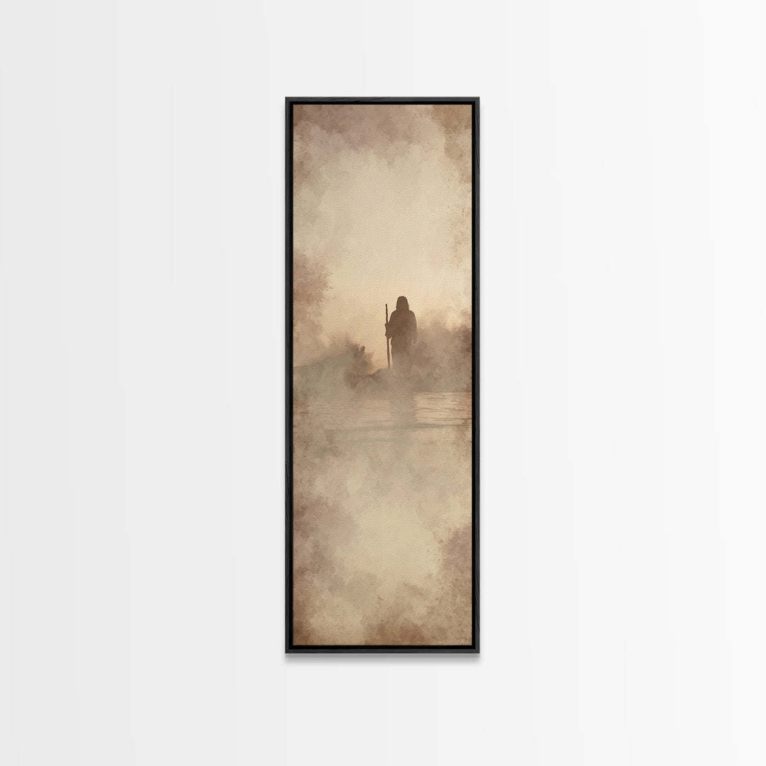 Desert Dawn Shepherd | Framed Canvas Print | Tall Skinny Art Print | Christian Art Canvas | Jesus Painting | Christian Wall Art | Christian