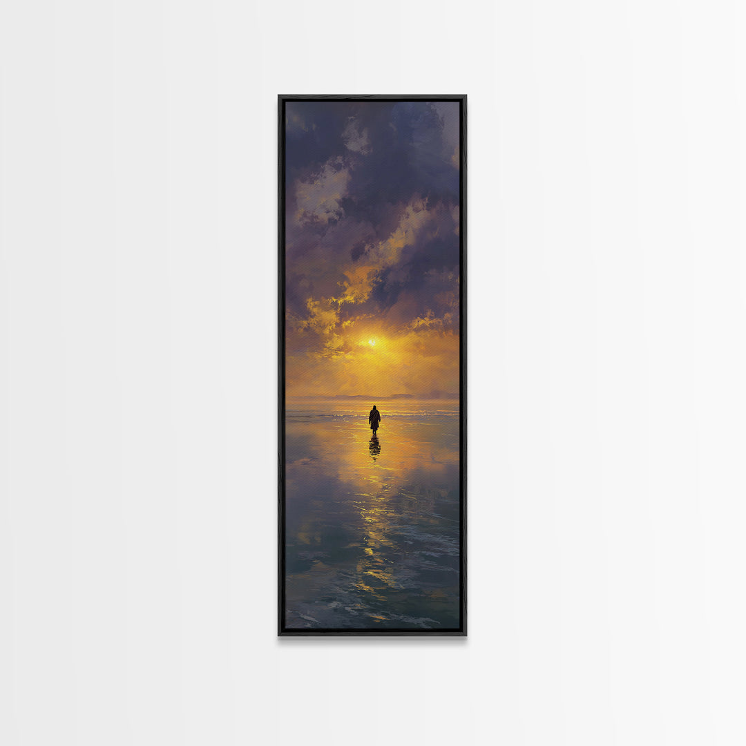 Golden Horizon Walk | Framed Canvas Print | Tall Skinny Art Print | Jesus Painting | Christian Wall Art | Christian Art Canvas | Christian