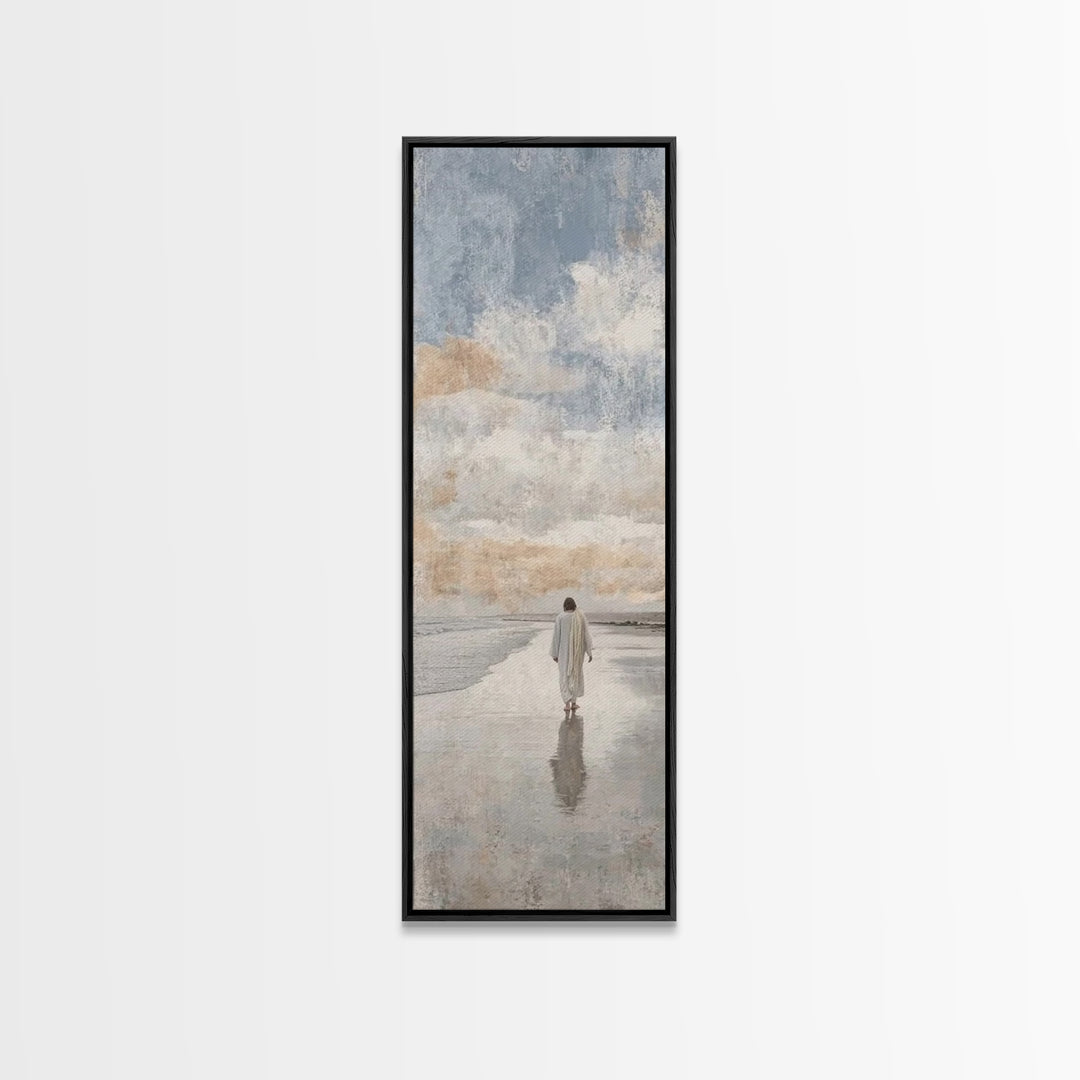 Silent Coastal Faith | Framed Canvas Print | Tall Narrow Wall Art | Christian Art Canvas | Christian Wall Art | Jesus Painting | Christian