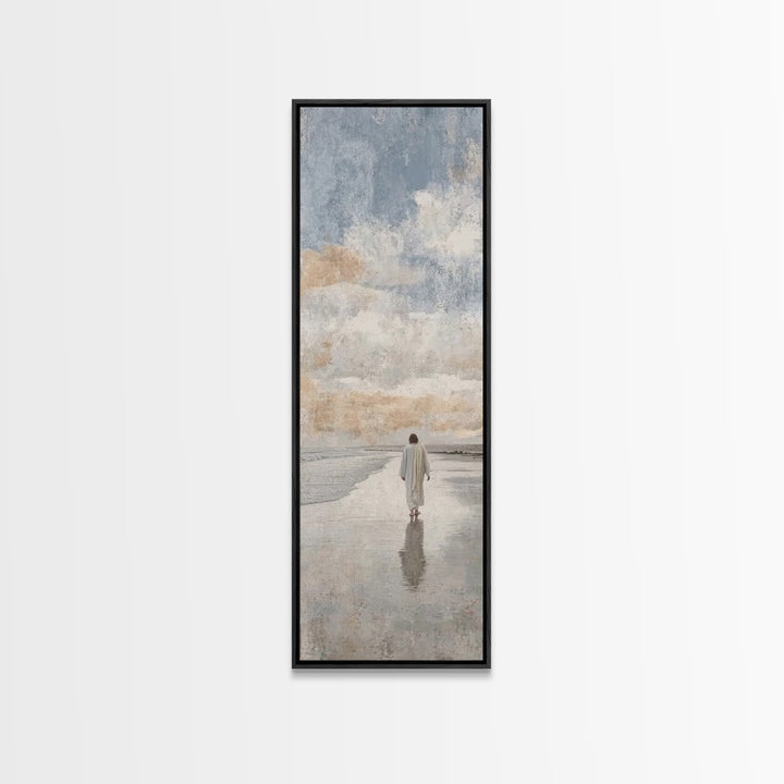 Silent Coastal Faith | Framed Canvas Print | Tall Narrow Wall Art | Christian Art Canvas | Christian Wall Art | Jesus Painting | Christian