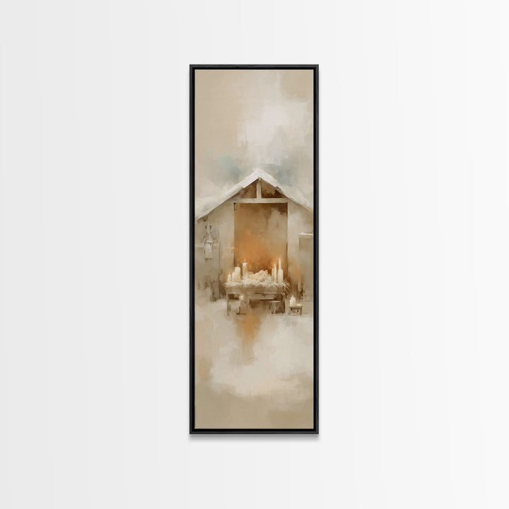 Humble Nativity Peace – Framed Canvas Print – Christian Art Work – Christmas Wall Art – Modern Christian Art – Narrow Art