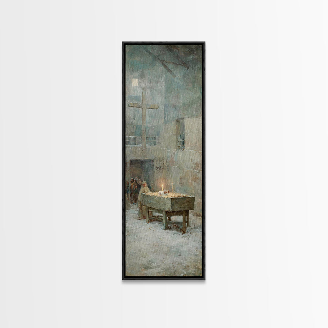 Soft Manger Dawn – Framed Canvas Print – Christian Art Canvas – Christmas Art – Subtle Christian Art – Tall Narrow Wall Art