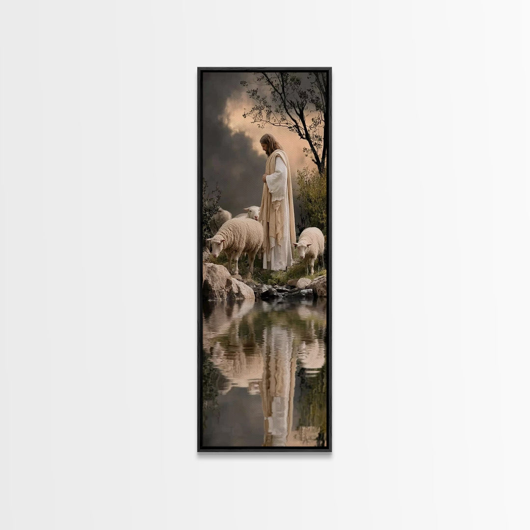 Shepherd’s Calm Grace – Framed Canvas Print – Christian Wall Art – Jesus Painting – Christian Art Canvas – Tall Narrow Wall Art – Christian