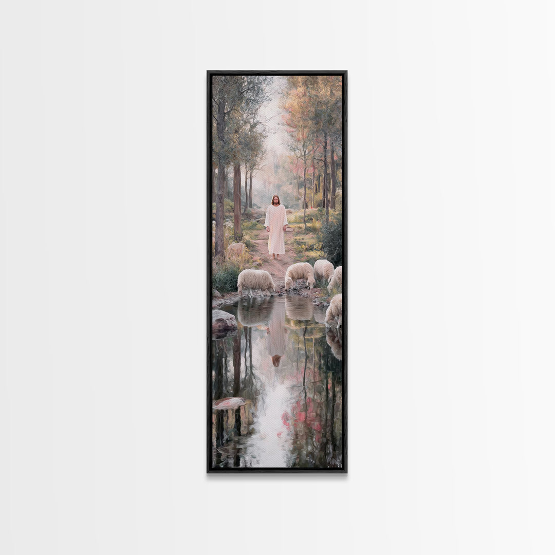 Forest Path Savior | Framed Canvas Print | Christian Art Canvas | Jesus Painting | Christian Wall Art | Tall Skinny Art Print | Christian C