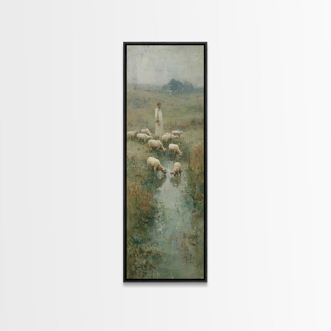 Shepherd’s Quiet Meadow – Framed Canvas Print – Christian Art Canvas – Christian Wall Art – Jesus Painting – Narrow Art – Christian Christm