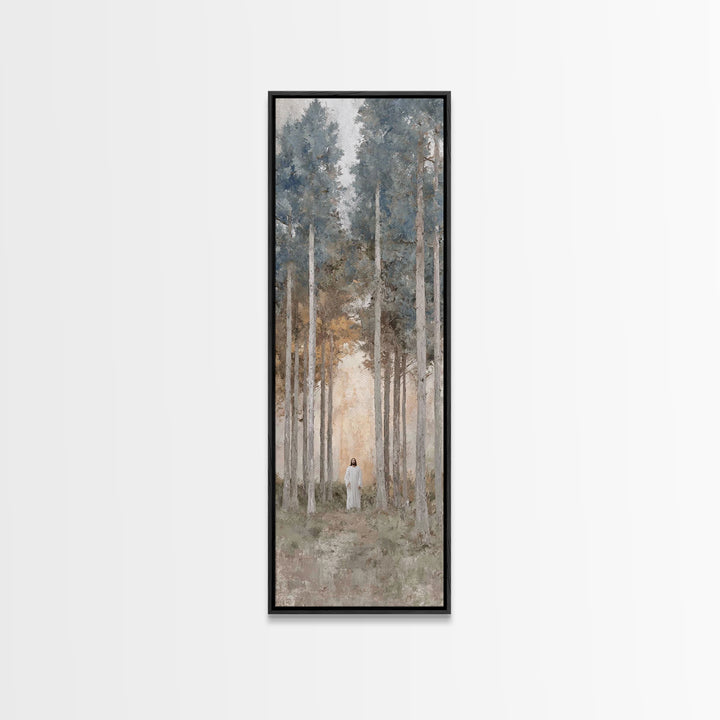 Light Through The Pines, Framed Canvas Print, Christian Art Canvas, Christian Wall Art, Jesus Painting, Skinny Art, Christian Christmas Art