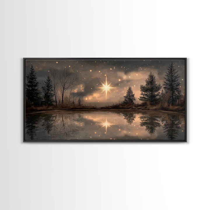Night Star Reflection, Framed Canvas Print, Christian Art Canvas, Christmas Wall Art, Christian Christmas Art, Moody Christmas Art, Christi