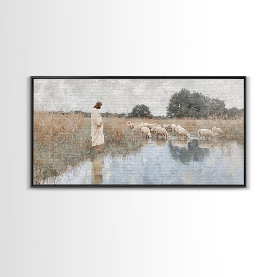 Gentle Shepherd Light – Framed Canvas Print – Christian Wall Art – Jesus Painting – Christian Art Canvas – Pastoral Scenery – Christian Chr