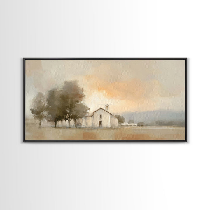 Chapel At Dawn – Framed Canvas Print – Christian Wall Art – Minimalist Christian Art – Christian Art Canvas – Modern Christian Painting – P