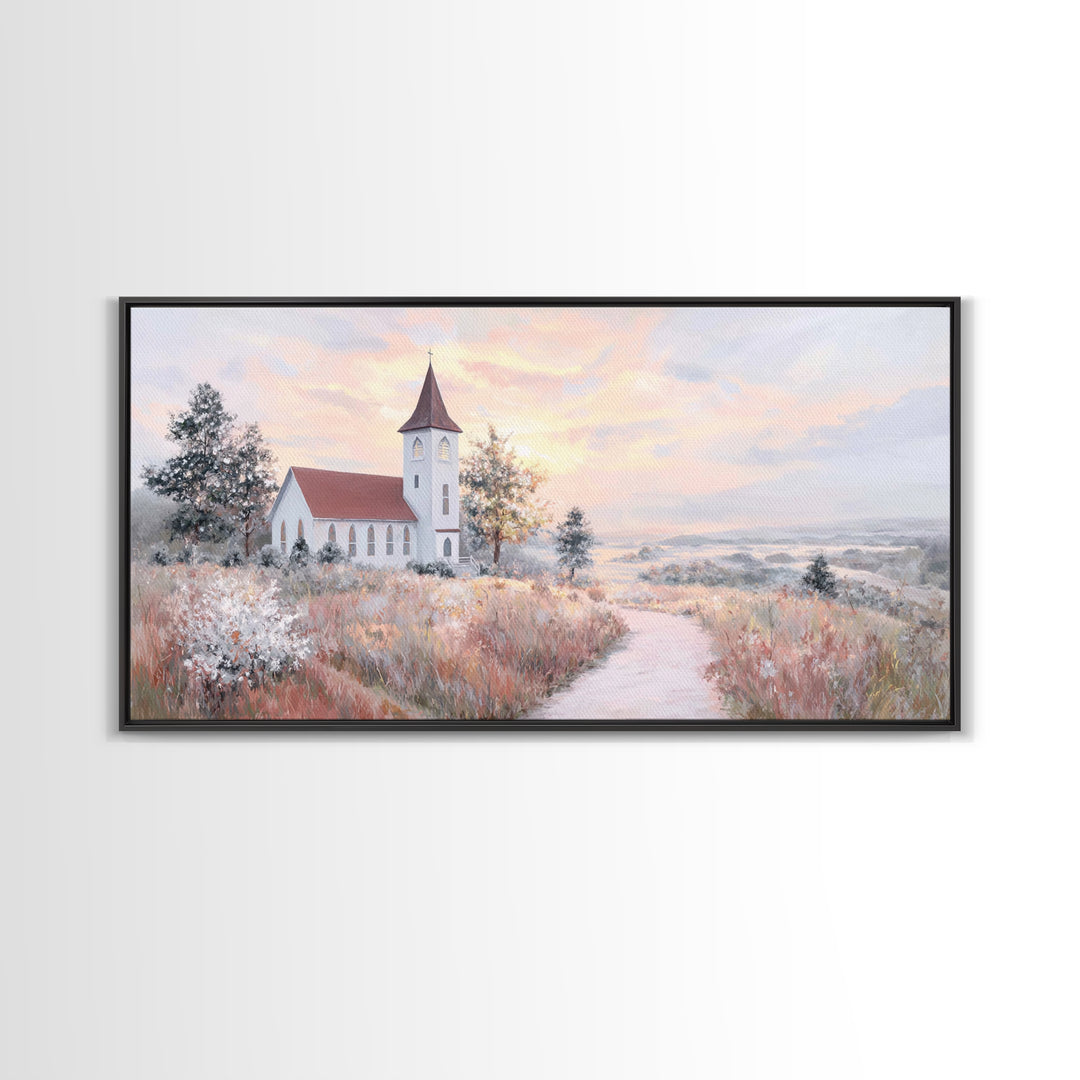 Sunrise Church Path – Framed Canvas Print – Christian Wall Art – Christian Art Canvas – Christian Art Work – Large Christian Art – Subtle C