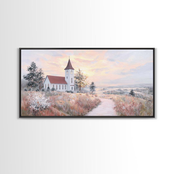 Sunrise Church Path – Framed Canvas Print – Christian Wall Art – Christian Art Canvas – Christian Art Work – Large Christian Art – Subtle C
