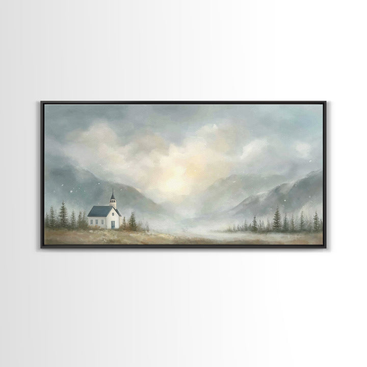 Mountain Chapel Light – Framed Canvas Print – Christian Art Canvas – Christian Wall Art – Moody Christian Art – Christian Painting – Modern
