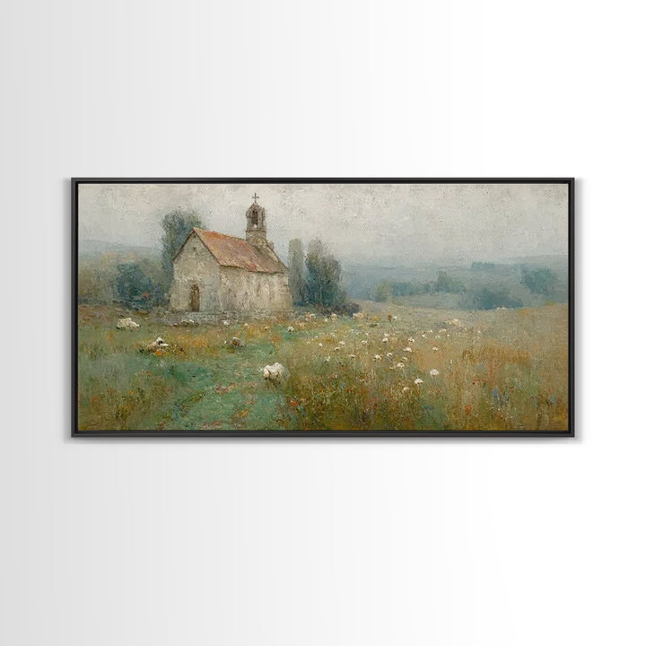 Quiet Chapel Meadow – Framed Canvas Print – Christian Art Canvas – Vintage Christian Art – Christian Painting – Christian Wall Art – Christ