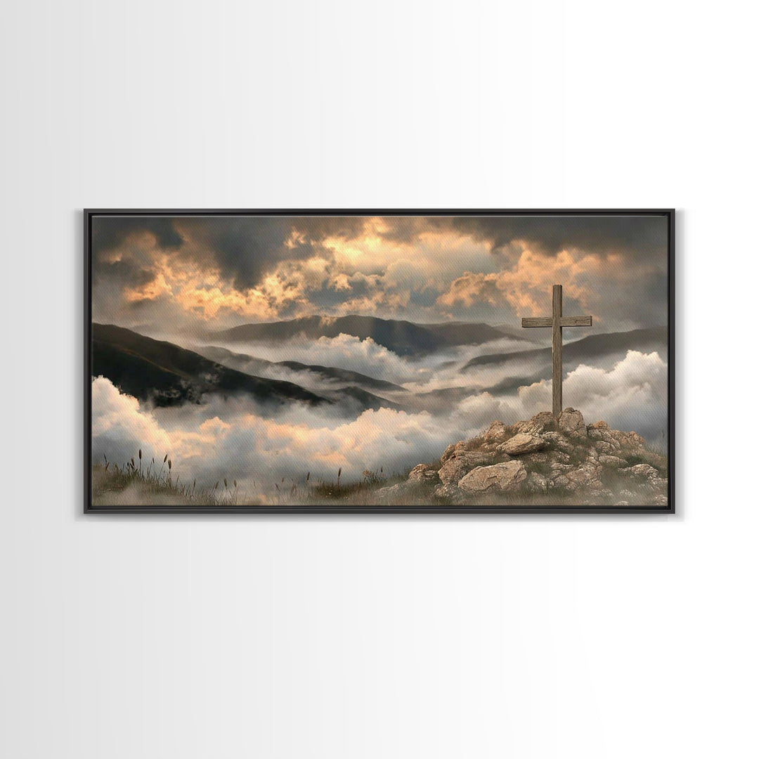 Cross Of Dawn – Framed Canvas Print – Christian Art Canvas – Christian Wall Art – Moody Christian Art – Christmas Art Framed