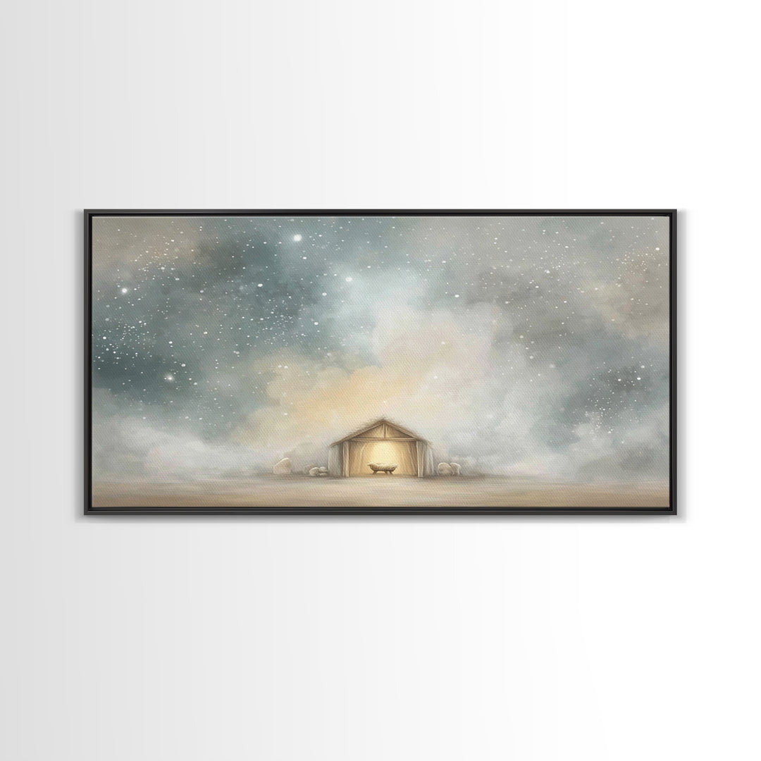 Manger Under Heaven, Framed Canvas Print, Christian Art Canvas, Christmas Art, Christian Christmas Art, Christian Wall Art