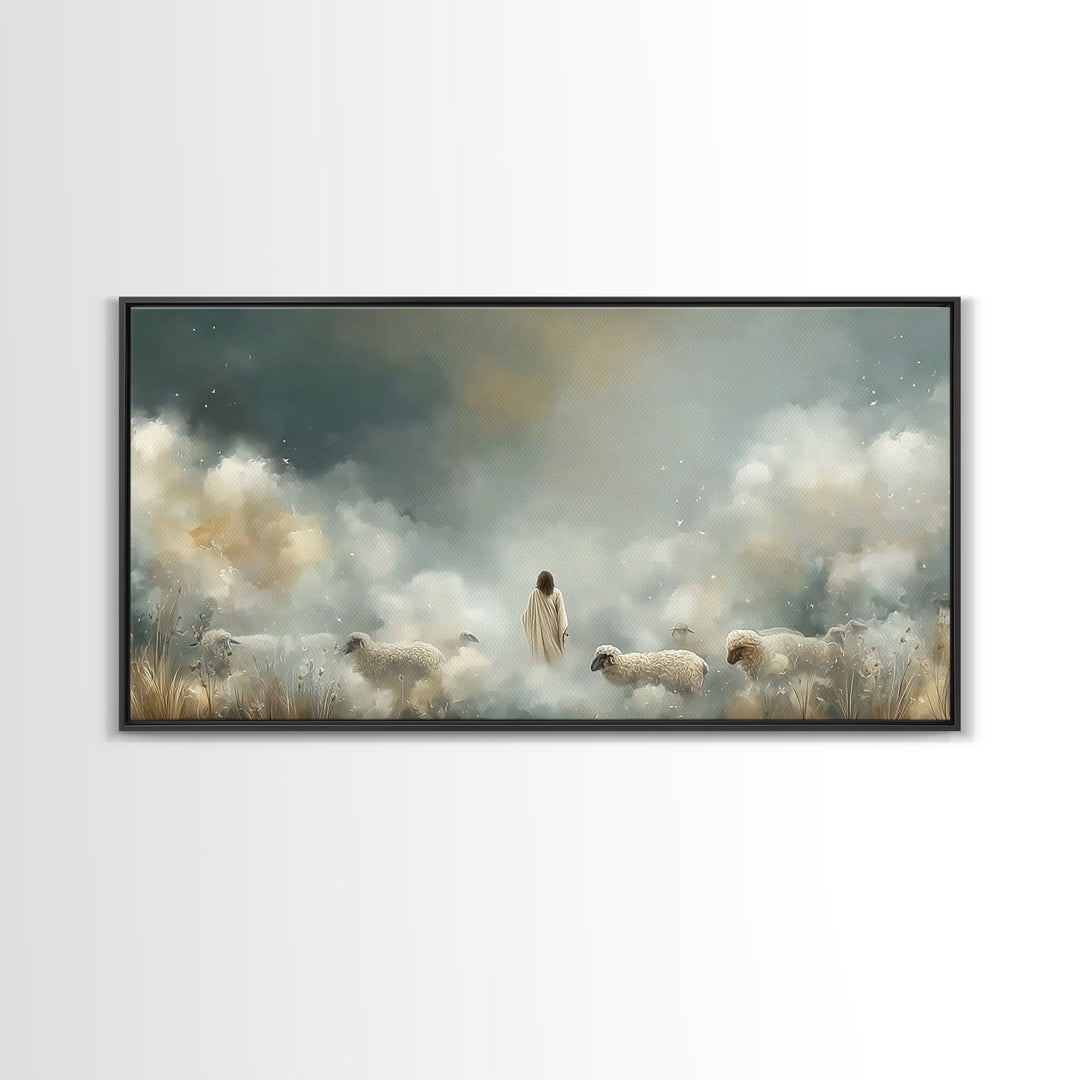 Heavenly Shepherd Light – Framed Canvas Print – Christian Wall Art – Jesus Painting – Christian Art Canvas – Christmas Art – Christian Deco