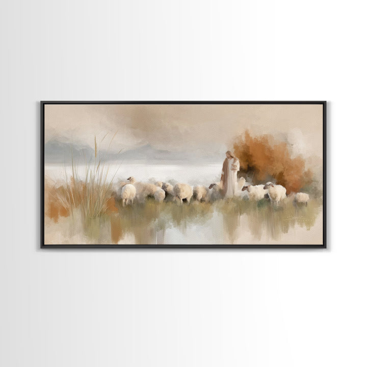 Hillside Shepherd Calm | Framed Canvas Print | Christian Art Canvas | Christian Wall Art | Jesus Painting | Christian Christmas Art | Uniqu