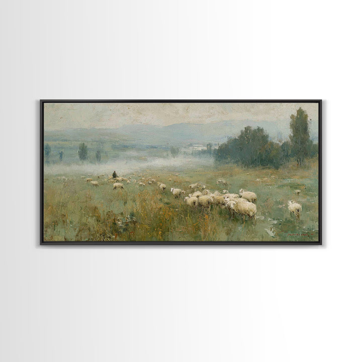 Twilight Pasture Peace, Framed Canvas Print, Christian Wall Art, Jesus Painting, Christian Art Canvas, Moody Christian Art, Christmas Wall
