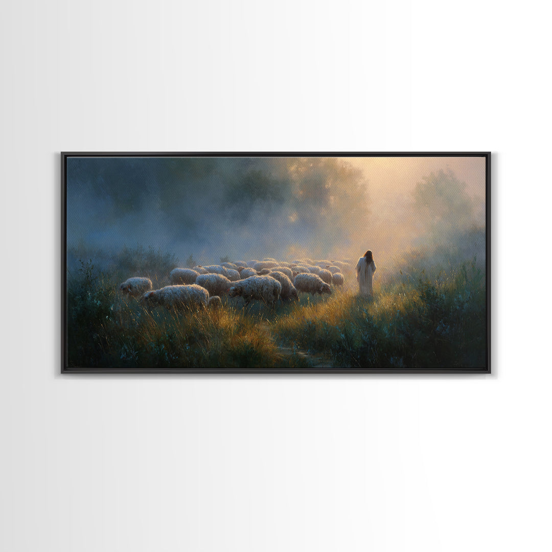 Shepherd’s Meadow Light | Framed Canvas Print | Christian Art Canvas | Christian Wall Art | Jesus Painting | Christmas Art | Vintage Christ