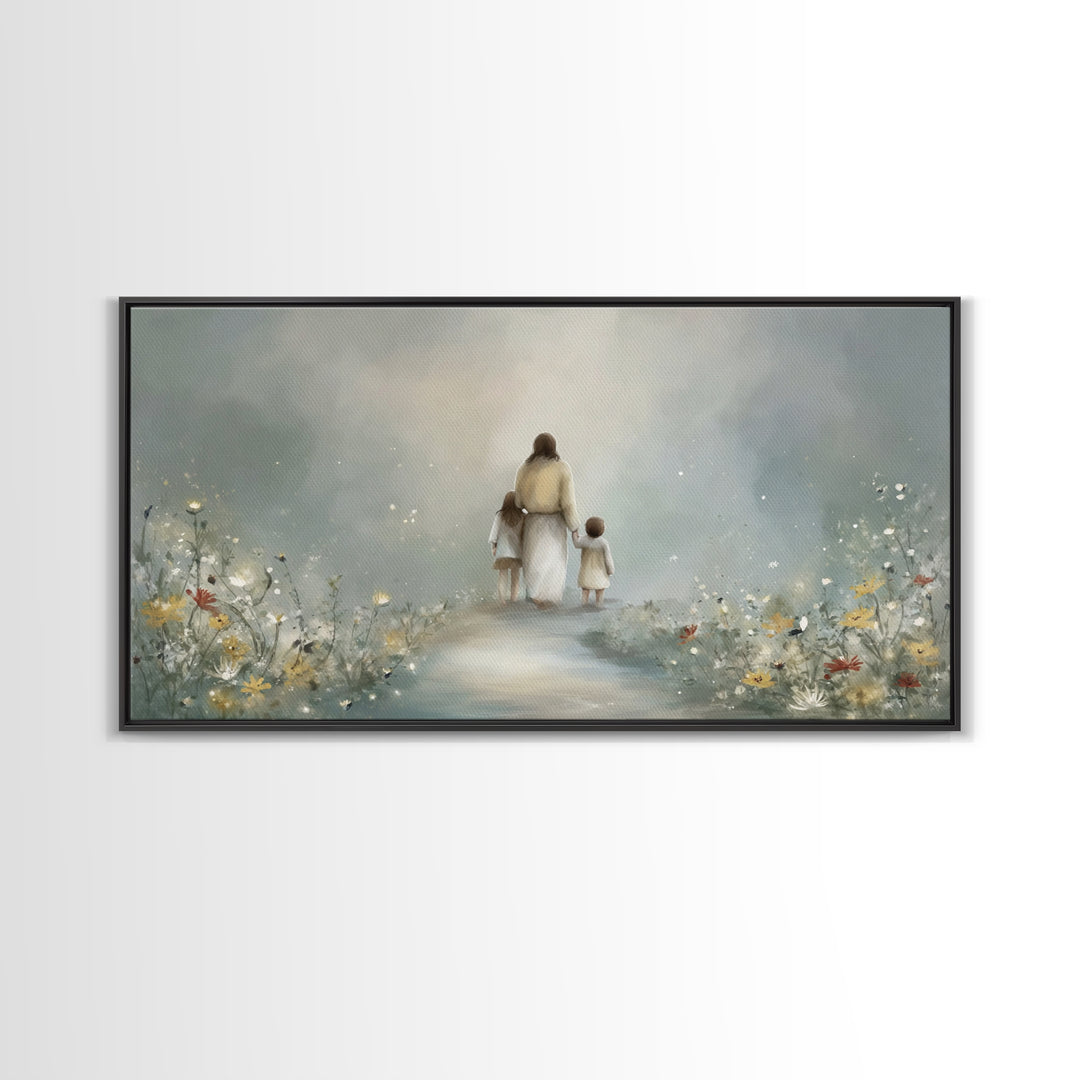 Heaven’s Meadow Path | Framed Canvas Print | Jesus Painting | Christian Art Canvas | Christian Wall Art | Modern Christian Art | Christian