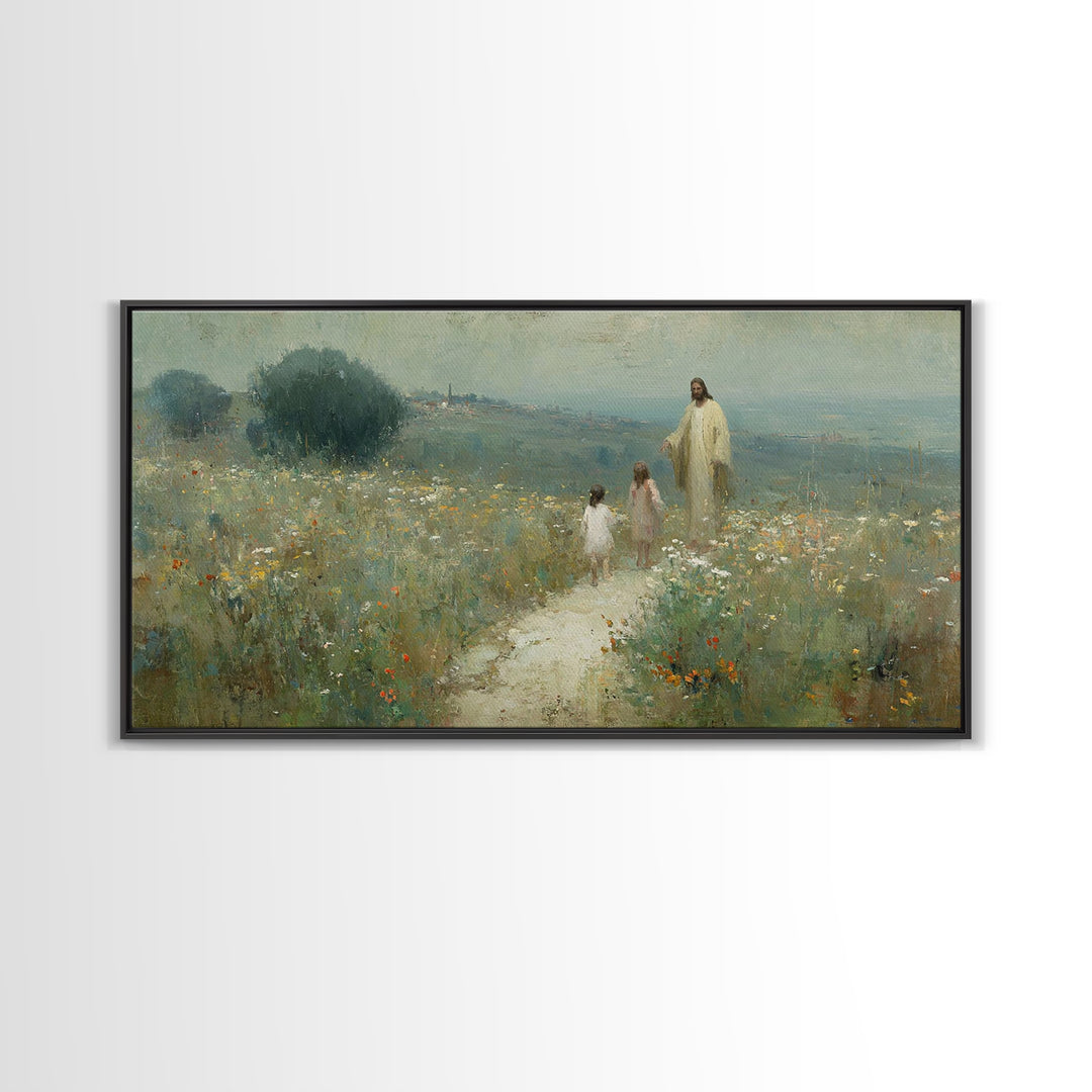 Hillside Promise Walk | Framed Canvas Print | Christian Art Canvas | Christian Wall Art | Jesus Painting | Christian Art Print | Christian