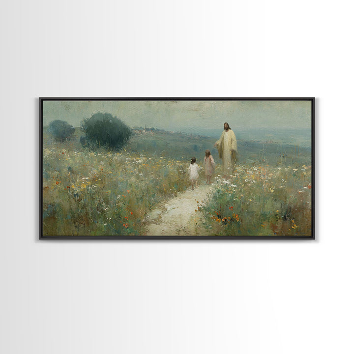 Hillside Promise Walk | Framed Canvas Print | Christian Art Canvas | Christian Wall Art | Jesus Painting | Christian Art Print | Christian