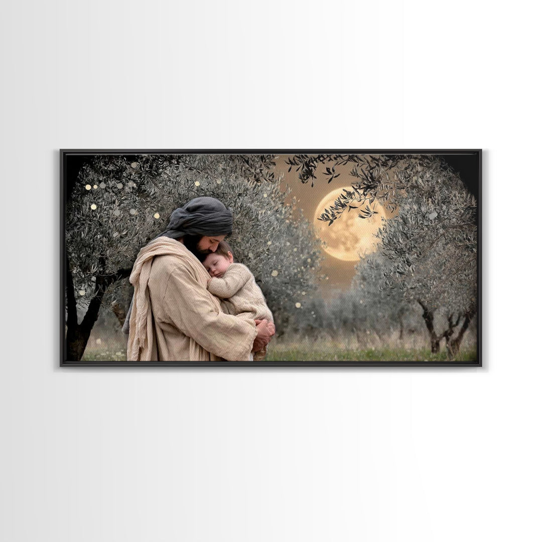 Moonlit Comfort | Framed Canvas Print | Jesus Wall Art | Christian Christmas Art | Christian Art Painting | Unique Christian Art