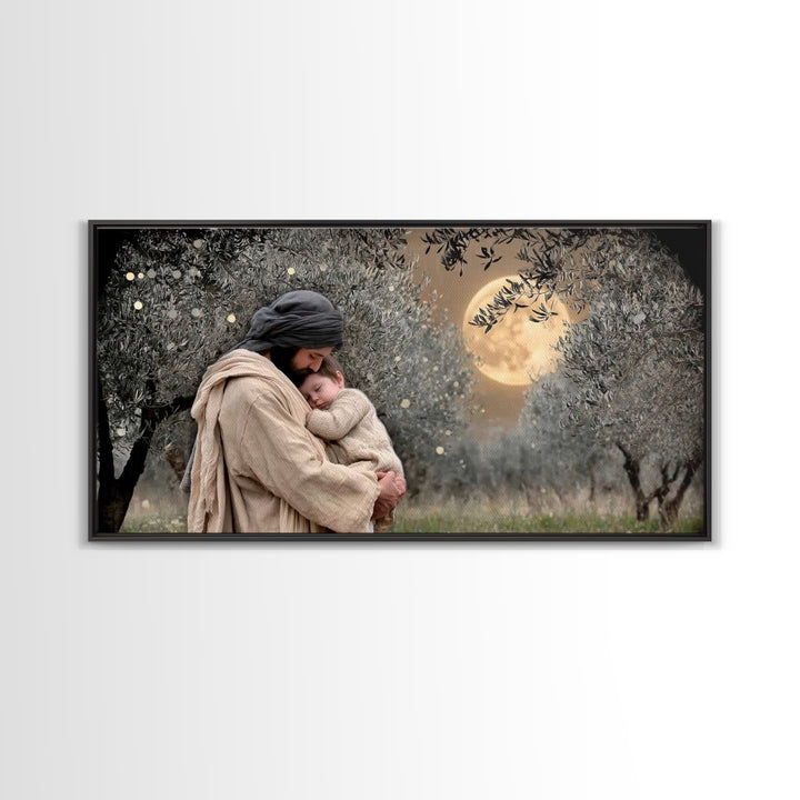 Moonlit Comfort | Framed Canvas Print | Jesus Wall Art | Christian Christmas Art | Christian Art Painting | Unique Christian Art