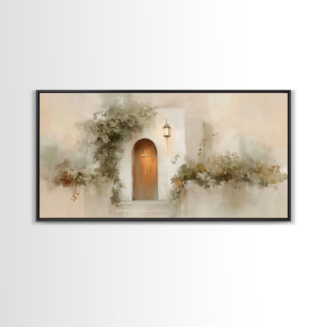 Cross At The Door | Framed Canvas Print | Christian Wall Art | Christian Christmas Art | Christian Art Canvas | Christian Decor | Modern Ch