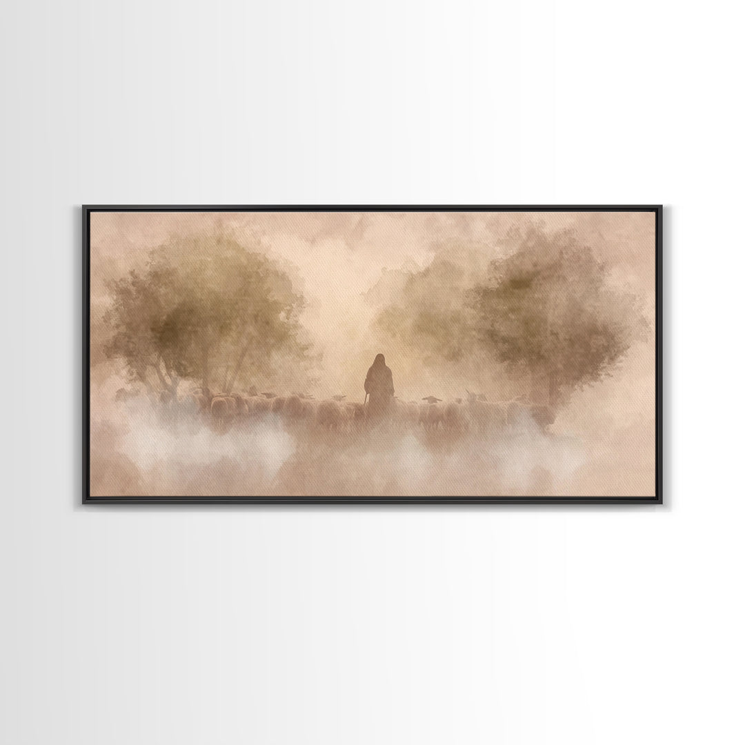 Shepherd’s Dawn Glow | Framed Canvas Print | Christian Art Canvas | Jesus Painting | Christian Wall Art | Moody Christian Art | Christmas W