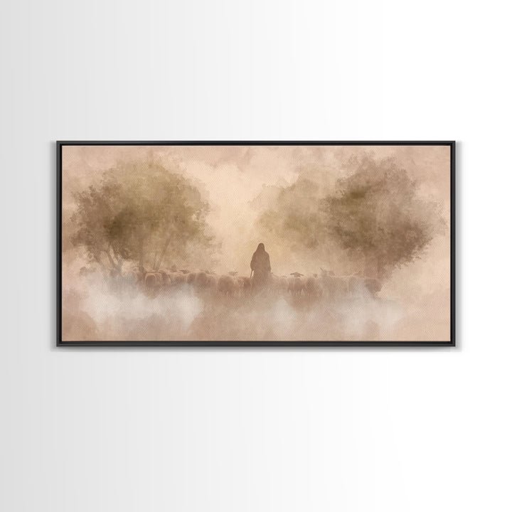 Shepherd’s Dawn Glow | Framed Canvas Print | Christian Art Canvas | Jesus Painting | Christian Wall Art | Moody Christian Art | Christmas W
