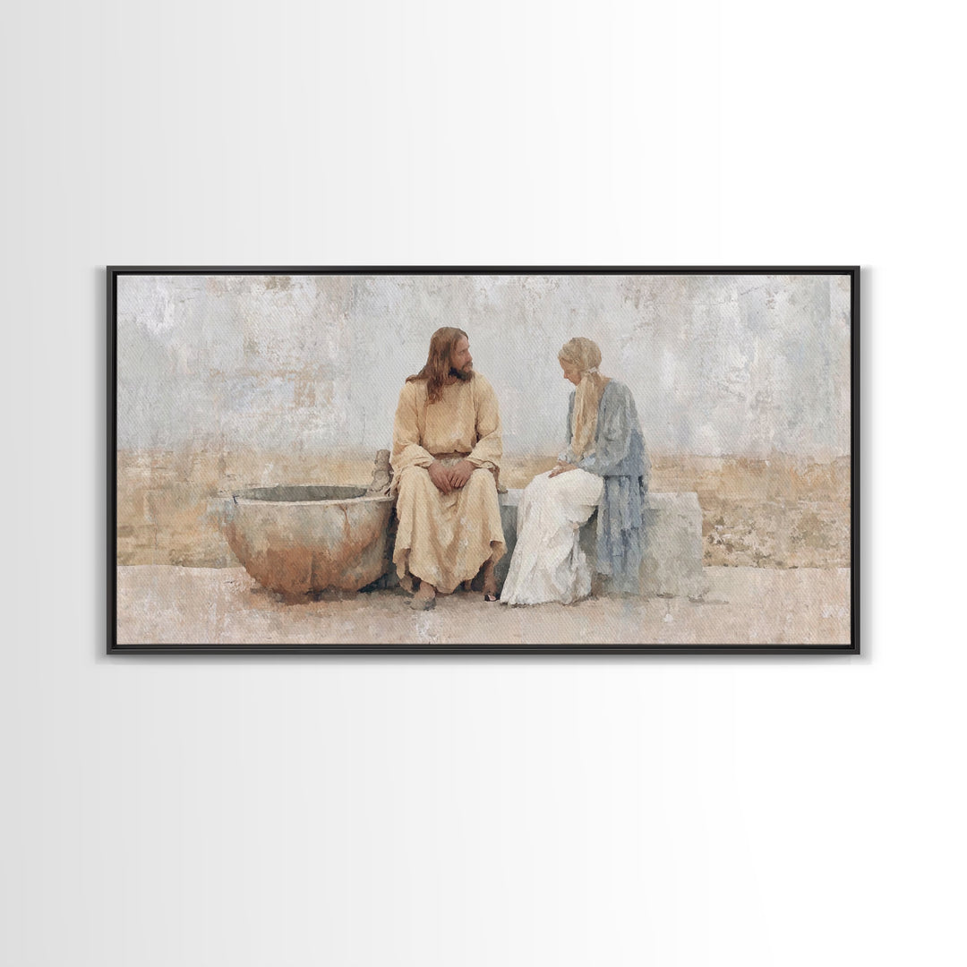 Living Water Meeting, Framed Canvas Print, Christian Wall Art, Christian Art Canvas, Jesus Painting, Modern Christian Art, Christian Decor