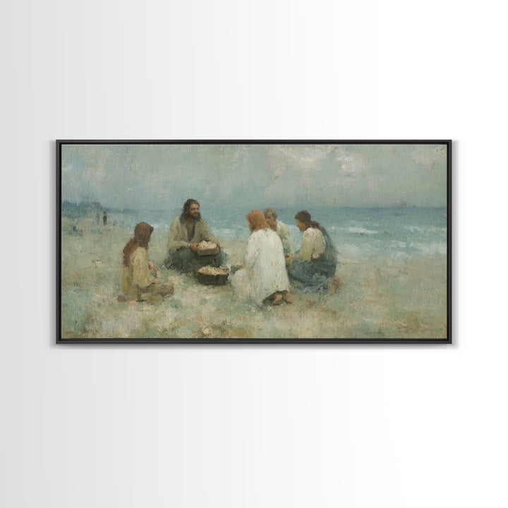 Shoreline Gathering – Framed Canvas Print – Christian Wall Art – Christian Art Canvas – Jesus Painting – Large Christian Art – Christian Gi