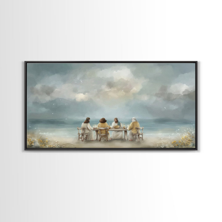 Seaside Supper, Framed Canvas Print, Christian Art Canvas, Christian Wall Art, Modern Christian Painting, Jesus Art Print, Christian Gift I