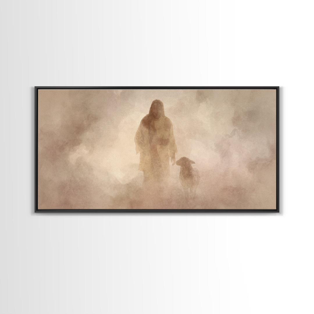 Misty Shepherd Path – Framed Canvas Print – Christian Wall Art – Jesus Painting – Christian Art Canvas – Christian Christmas Art
