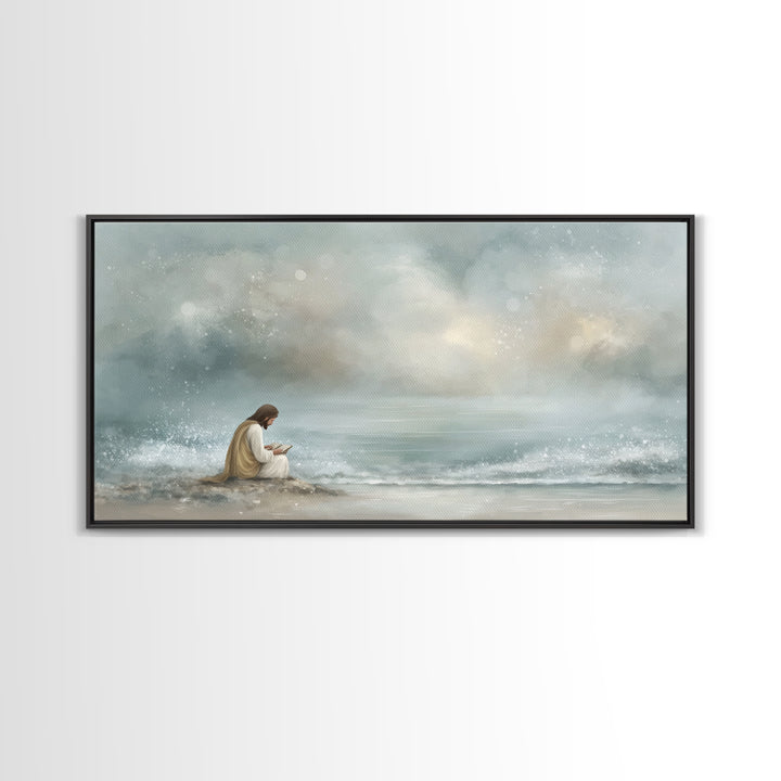 Shoreline Hope – Framed Canvas Print – Christian Art Canvas – Christian Wall Art – Jesus Painting – Minimalist Christian Art – Christian Gi