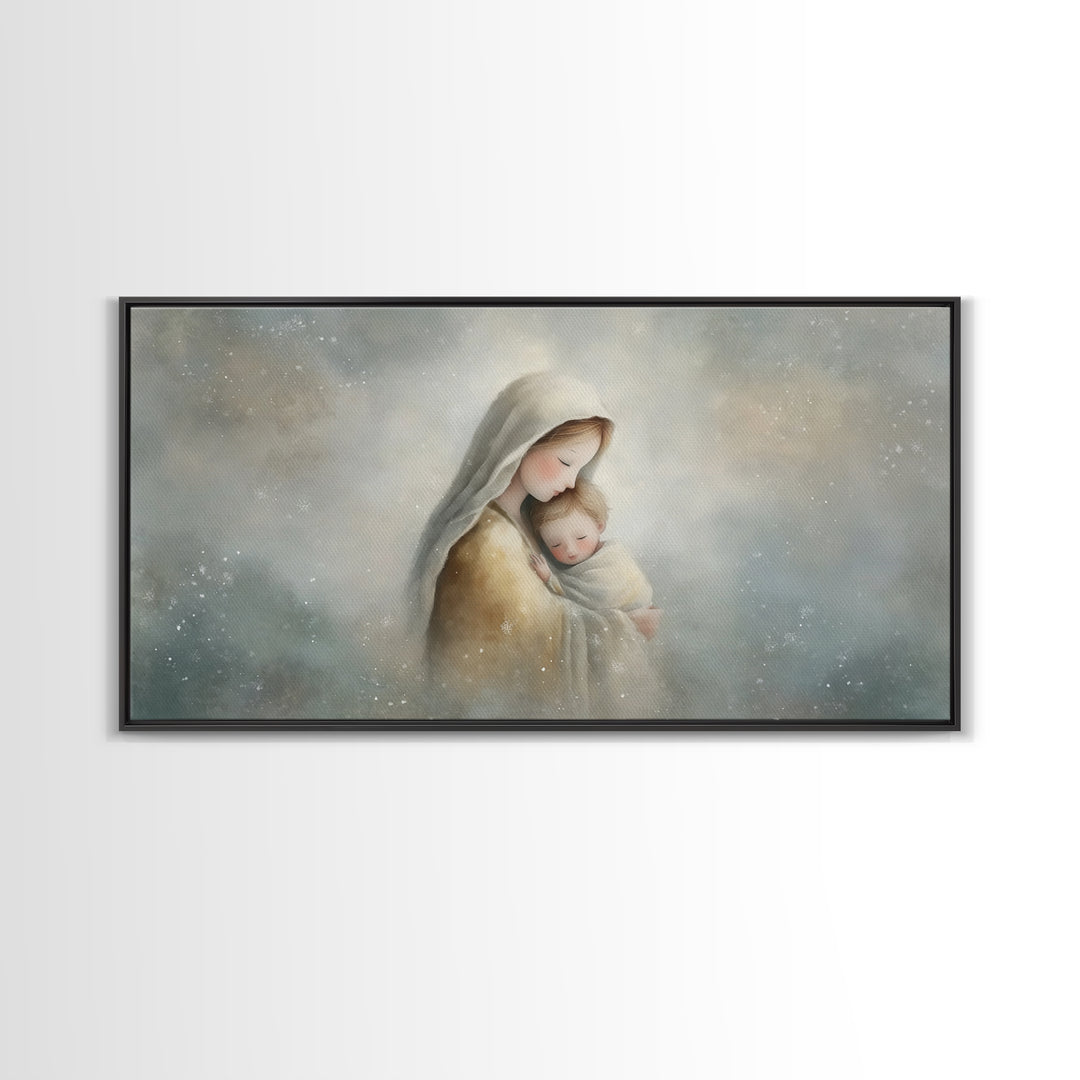 Snowfall Grace – Framed Canvas Print – Christmas Art – Christian Wall Art – Christian Art Canvas – Mary And Jesus Painting – Christian Gift