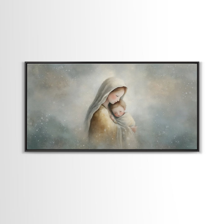 Snowfall Grace – Framed Canvas Print – Christmas Art – Christian Wall Art – Christian Art Canvas – Mary And Jesus Painting – Christian Gift
