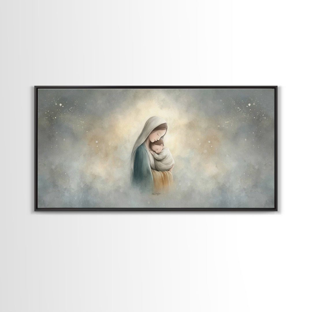 Sacred Embrace – Framed Canvas Print – Christian Art Canvas – Christian Wall Art – Jesus Painting – Christmas Art – Christian Christmas