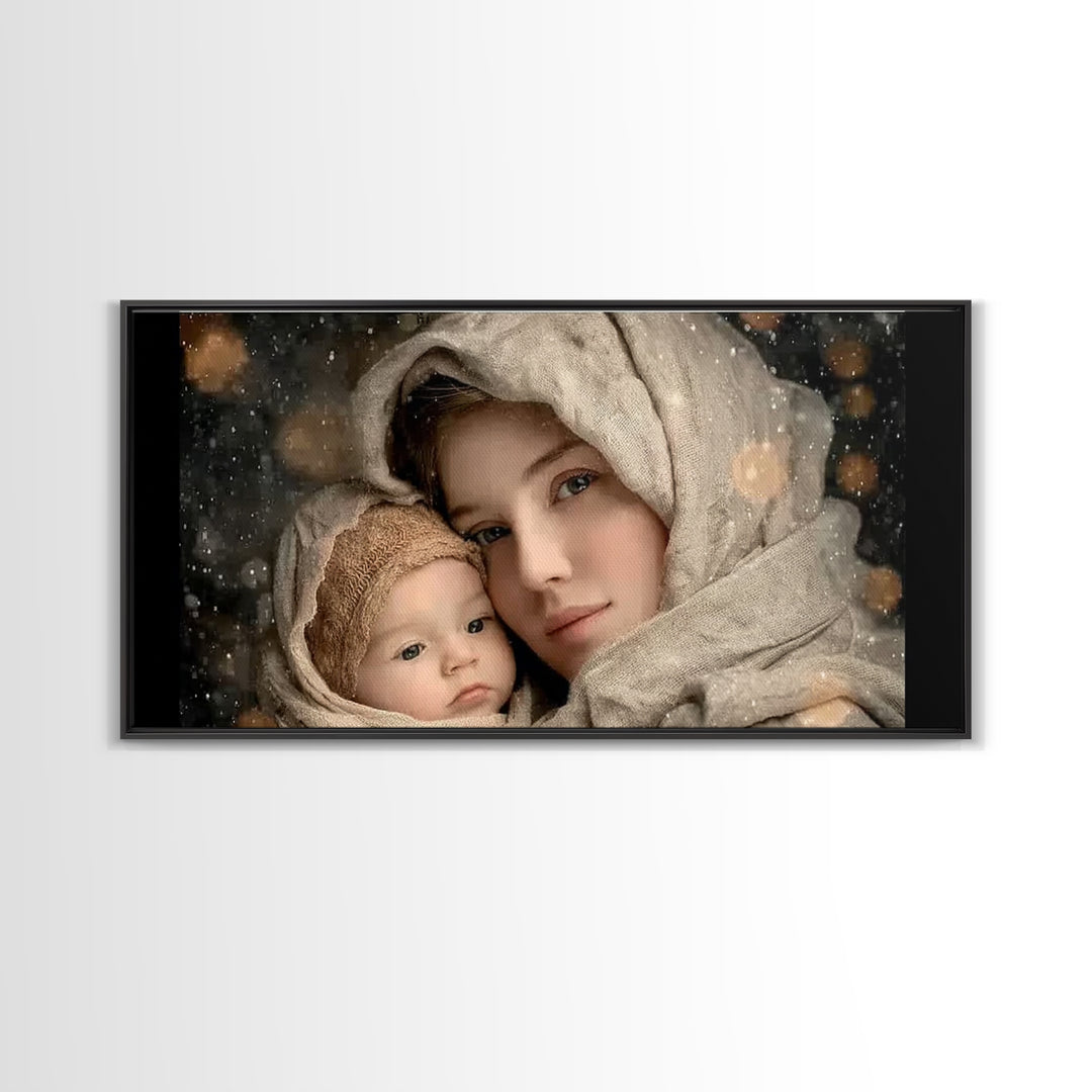 Winter Haven | Framed Canvas Print | Christian Wall Art | Christian Art Canvas | Mary And Jesus Painting | Christmas Art | Christian Art