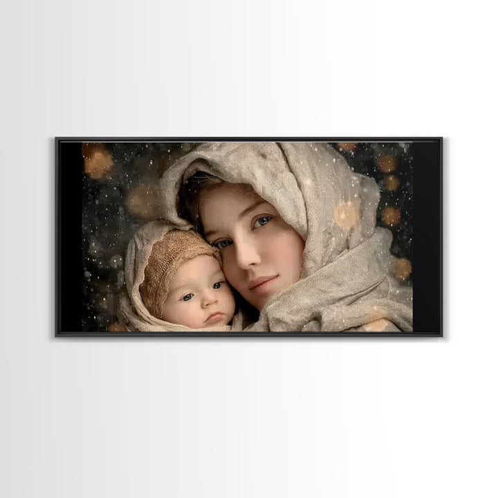 Winter Haven | Framed Canvas Print | Christian Wall Art | Christian Art Canvas | Mary And Jesus Painting | Christmas Art | Christian Art
