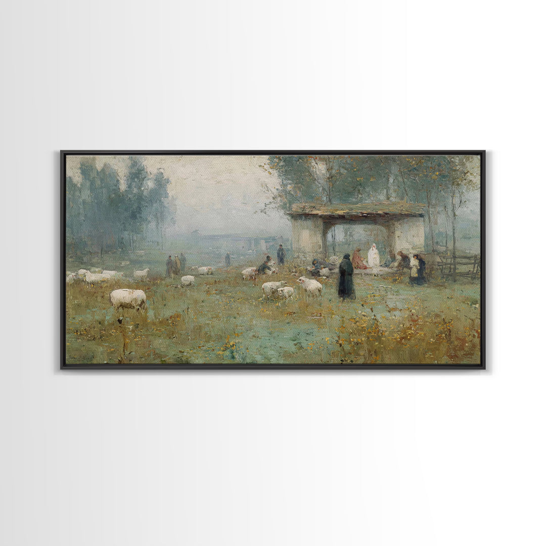 Pastoral Nativity, Framed Canvas Print, Christian Art Canvas, Christmas Art, Jesus Painting, Christian Wall Art, Christian Christmas Art