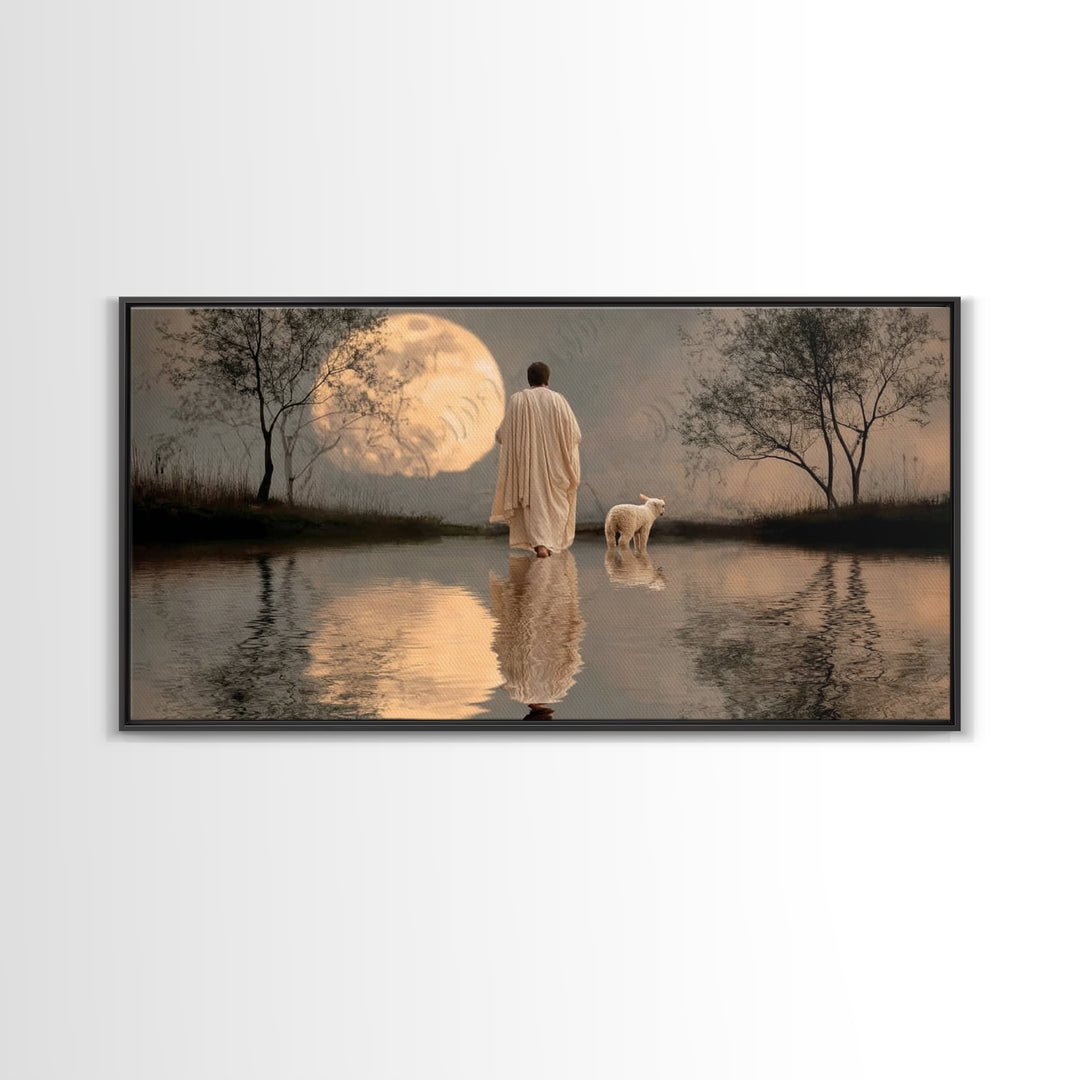 Moonlit Shepherd Calm – Framed Canvas Print – Christian Art Canvas – Christian Wall Art – Jesus Painting – Christian Christmas Art