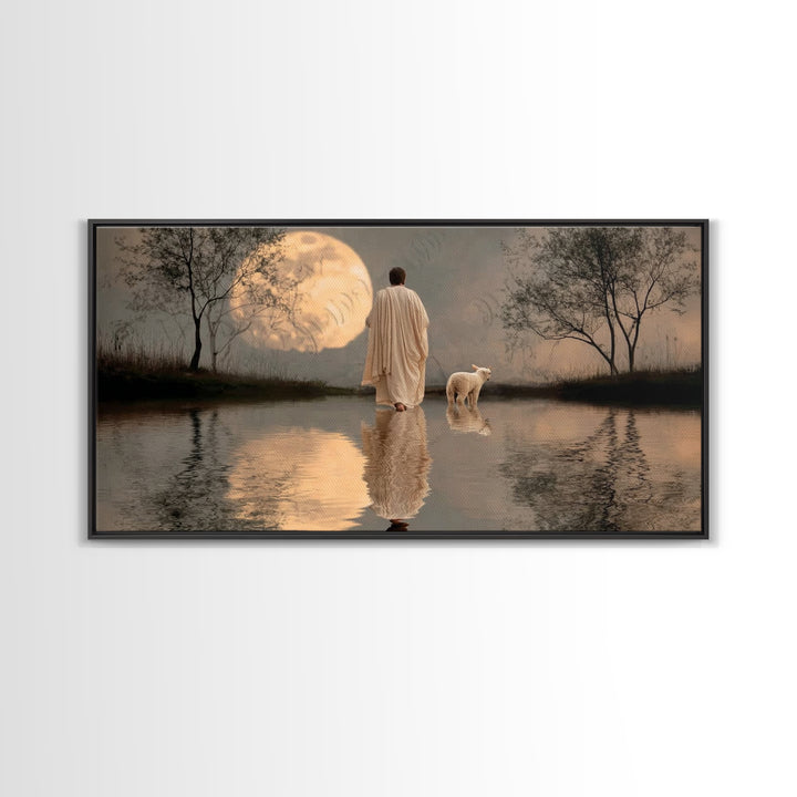 Moonlit Shepherd Calm – Framed Canvas Print – Christian Art Canvas – Christian Wall Art – Jesus Painting – Christian Christmas Art