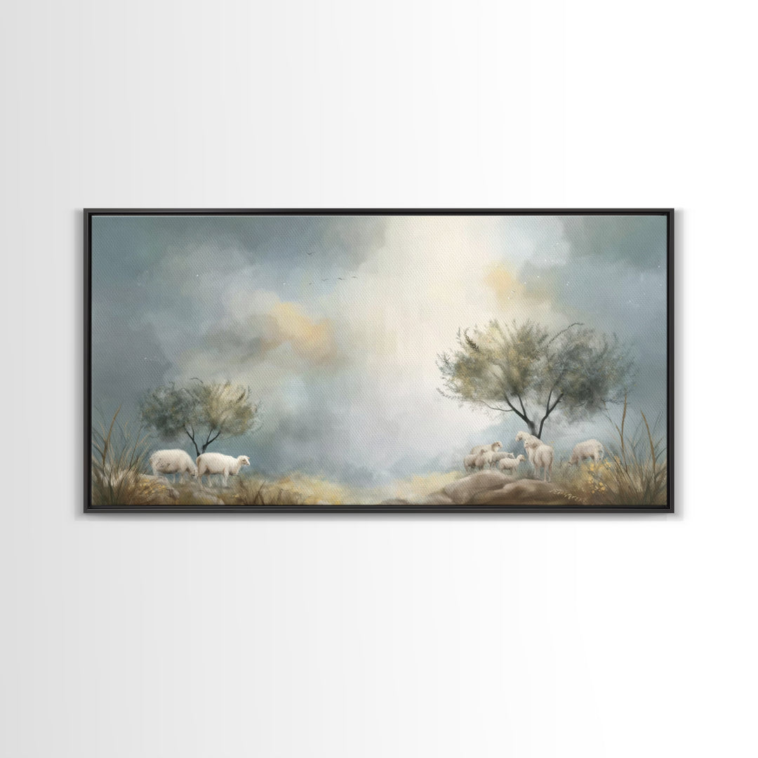 Sacred Pasture Stillness – Framed Canvas Print – Christian Art Print – Jesus Painting – Christian Wall Art – Christmas Canvas Wall Art – Ch