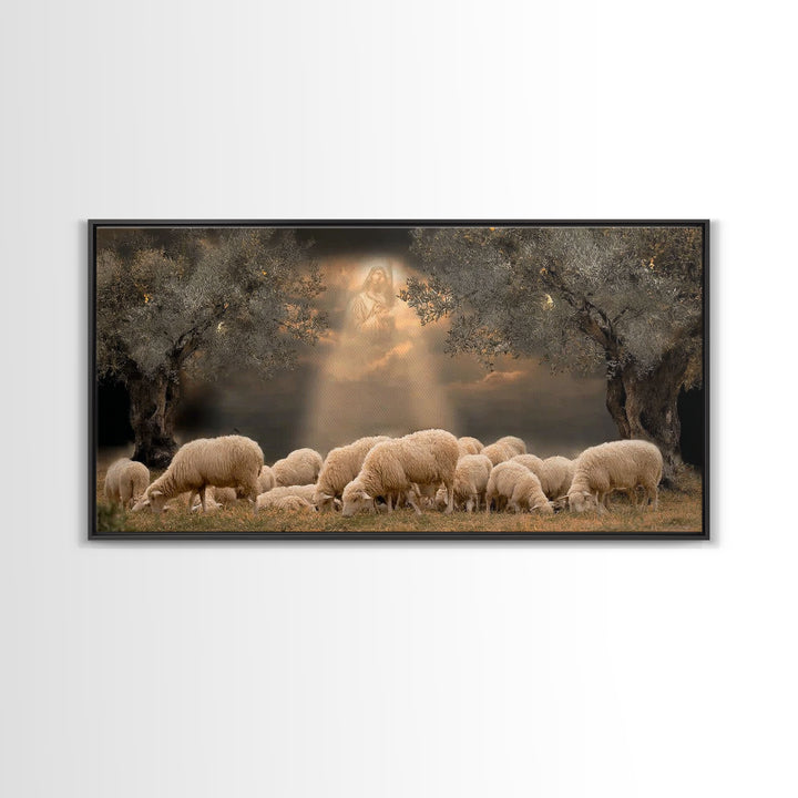 Heavenly Pasture Vision, Framed Canvas Print, Christian Christmas Art, Christian Wall Art, Jesus Painting, Christian Art Canvas, Christmas