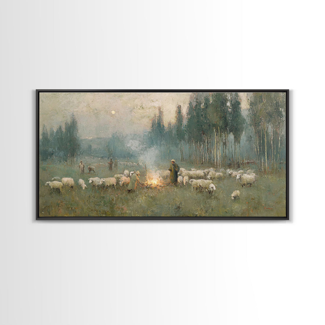 Dawn Of The Shepherds – Framed Canvas Print – Christian Christmas Art – Christian Wall Art – Jesus Painting – Christian Art Canvas – Christ