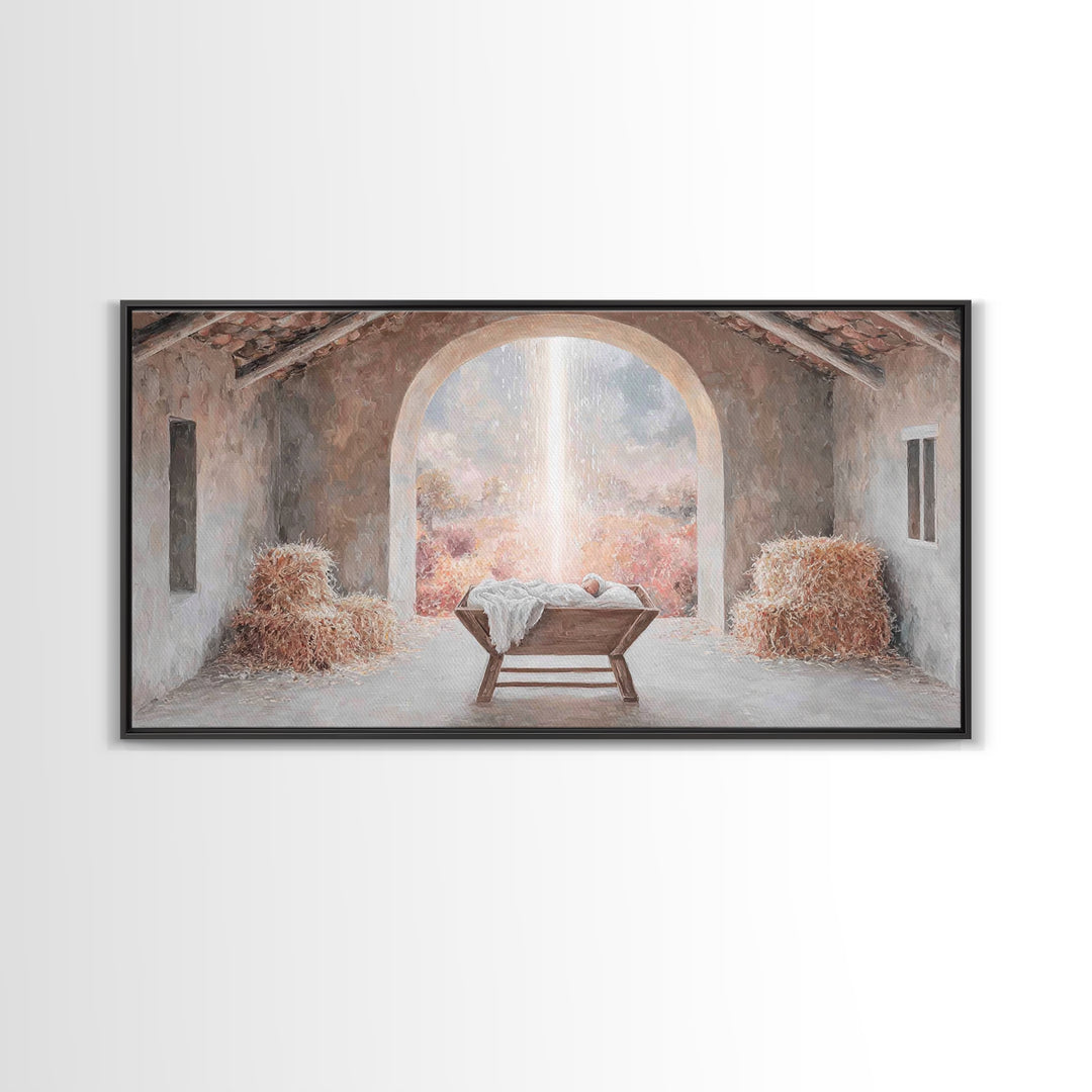 Blessed Manger Light – Framed Canvas Print – Christian Wall Art – Christian Art Canvas – Christmas Art – Christian Christmas Decor