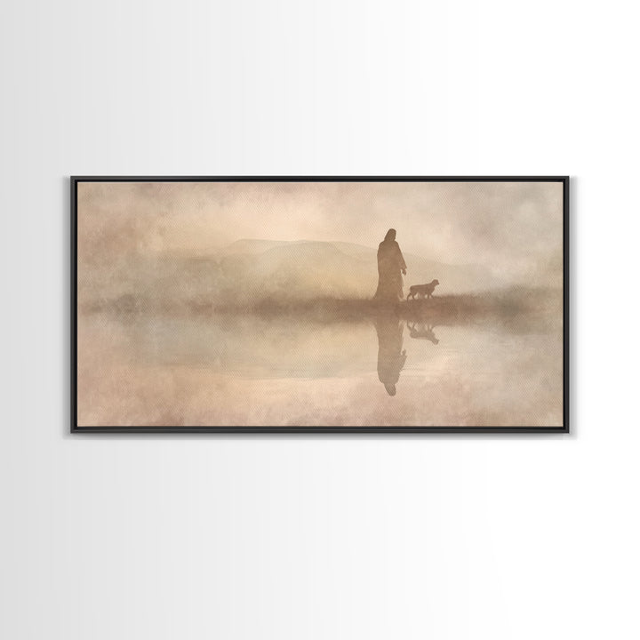 Shepherd In The Mist - Framed Canvas Print - Christian Art Canvas - Christian Christmas Art - Jesus Painting - Christian Wall Art